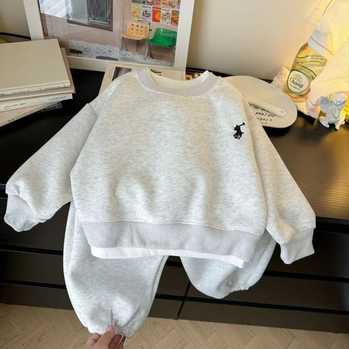 Kids Boys And Girls Autumn Solid Color Sweatshirt Pants Two-Piece Set Exercise Long Sleeve Polyester Unisex