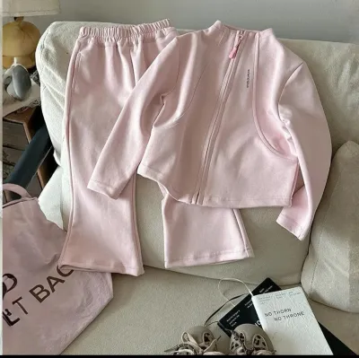 Kids Girls Spring Autumn Zipper Jacket Flared Pants Two-Piece Cotton Set