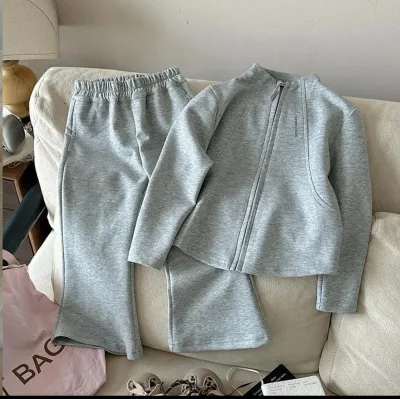 Kids Girls Spring Autumn Zipper Jacket Flared Pants Two-Piece Cotton Set