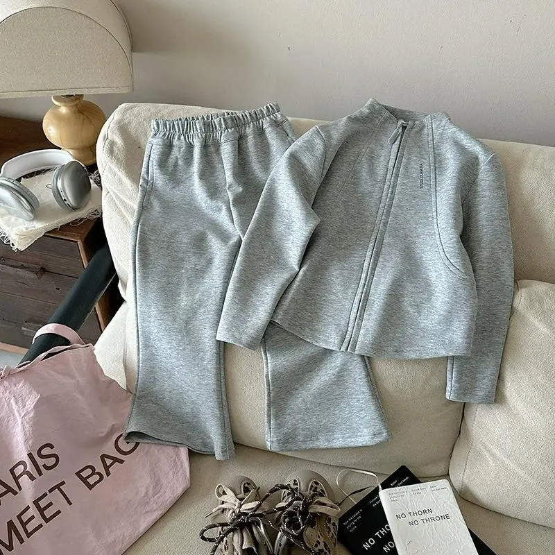 Kids Girls Spring Autumn Zipper Jacket Flared Pants Two-Piece Cotton Set