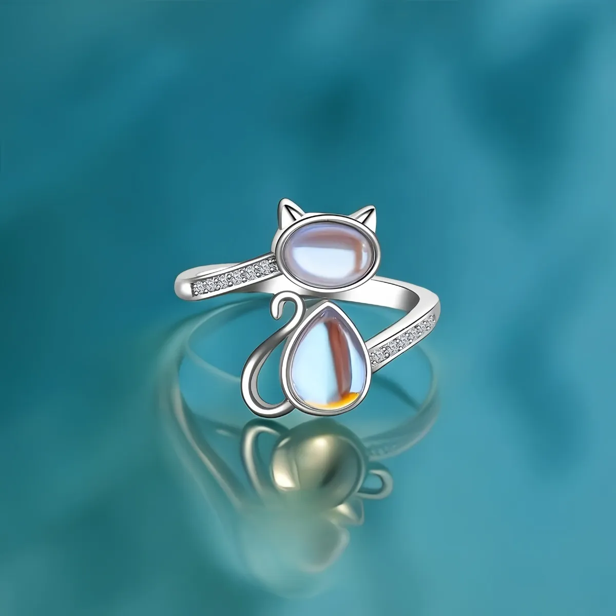 Women Fashion Cartoon Cat Shape Moonstone Single Ring