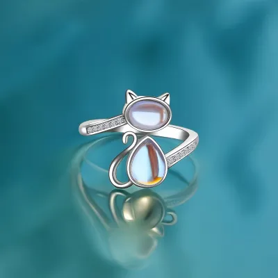 Women Fashion Cartoon Cat Shape Moonstone Single Ring