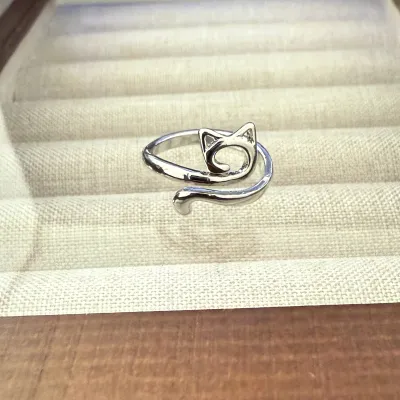 Vintage Women Cat Head Opening Geometric Line Adjustable Ring