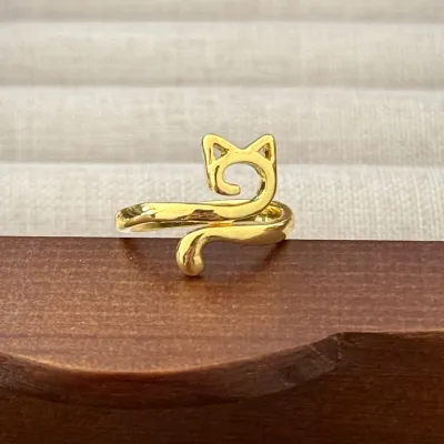 Vintage Women Cat Head Opening Geometric Line Adjustable Ring