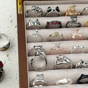 Vintage Women Cat Head Opening Geometric Line Adjustable Ring