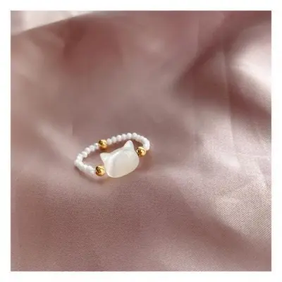 Women Fashion Cat Crystal Beaded Shell Ring