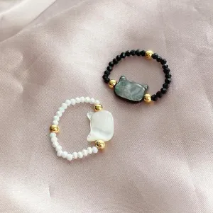 Women Fashion Cat Crystal Beaded Shell Ring