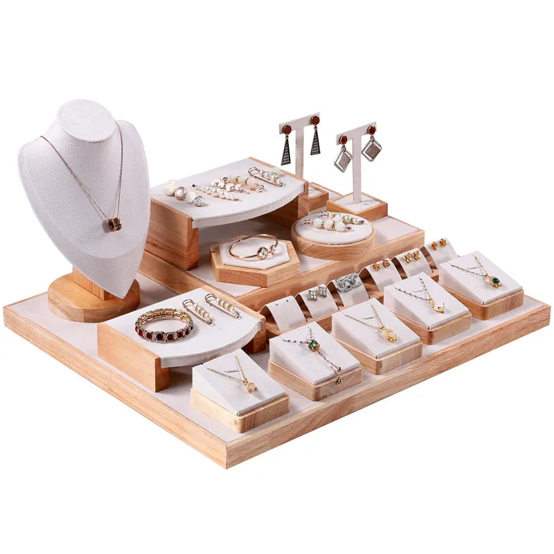 Velvet Jewelry Display Stand with Solid Wood Base - Elegant Showcase for Necklaces, Bracelets, Rings