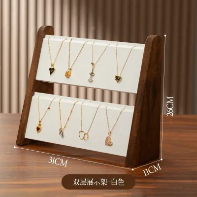 Wooden Vertical Walnut Double-Layer Necklace Display Rack for Jewelry