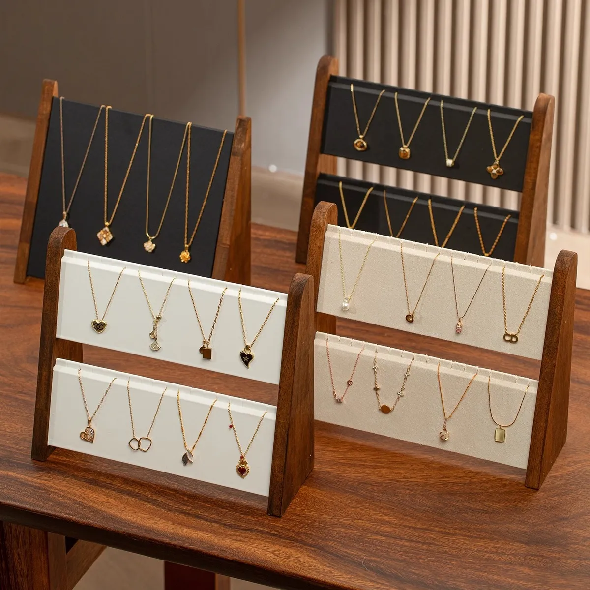 Wooden Vertical Walnut Double-Layer Necklace Display Rack for Jewelry