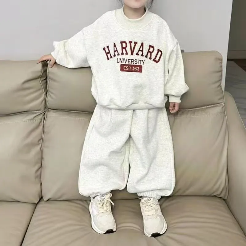 Kids Girls Spring Autumn Letter Printed Sweatshirt and Pants Two-Piece Set Long Sleeve Cotton Blend Outfit