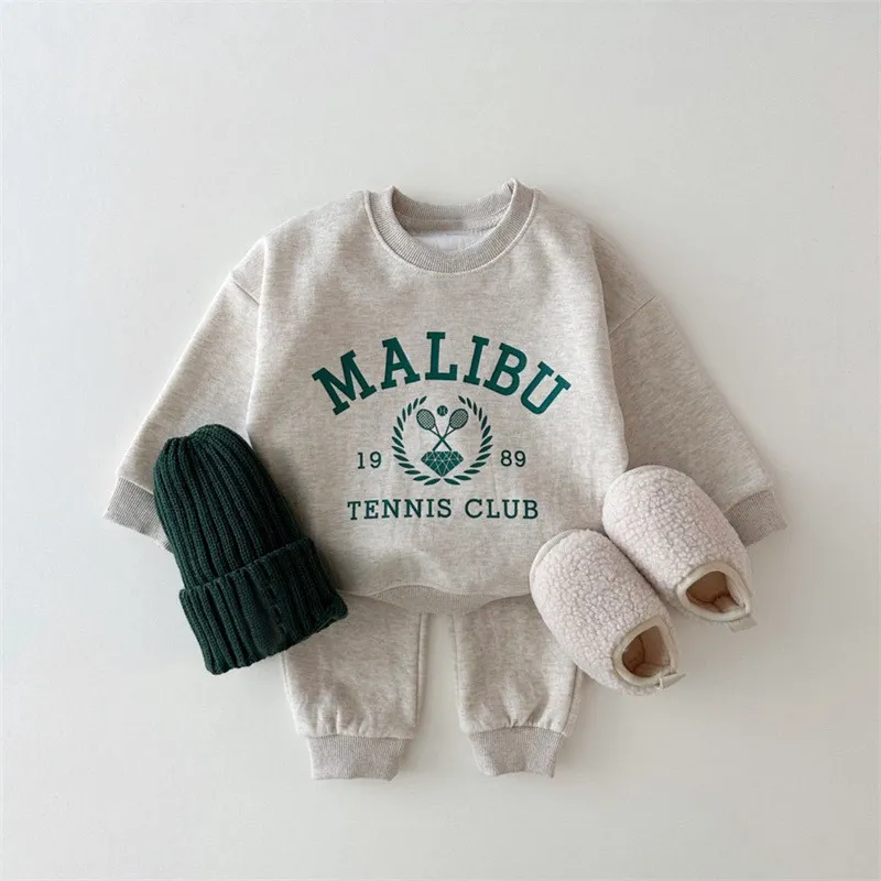 Kids Baby Boys Girls Spring Autumn Letter Printed Cotton Fleece Sweatshirt Pants Two-Piece Set