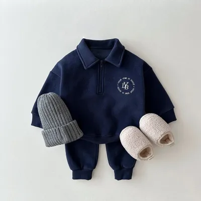 Kids Boys And Girls Autumn Winter Lapel Fleece Sweatshirt Pants Two-Piece Cotton Set