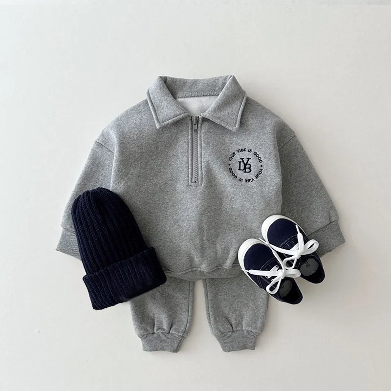 Kids Boys And Girls Autumn Winter Lapel Fleece Sweatshirt Pants Two-Piece Cotton Set