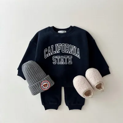 Kids Boys Girls Autumn Winter Letters Printed Fleece Sweatshirt Pants Two-Piece Set