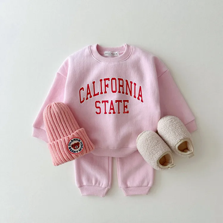 Kids Boys Girls Autumn Winter Letters Printed Fleece Sweatshirt Pants Two-Piece Set