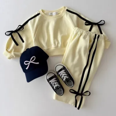 Kids Girls Spring Autumn Bow Patchwork Long Sleeve Sweatshirt Pants Two-Piece Cotton Set