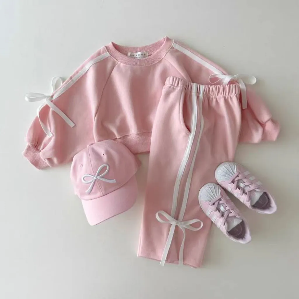 Kids Girls Spring Autumn Bow Patchwork Long Sleeve Sweatshirt Pants Two-Piece Cotton Set