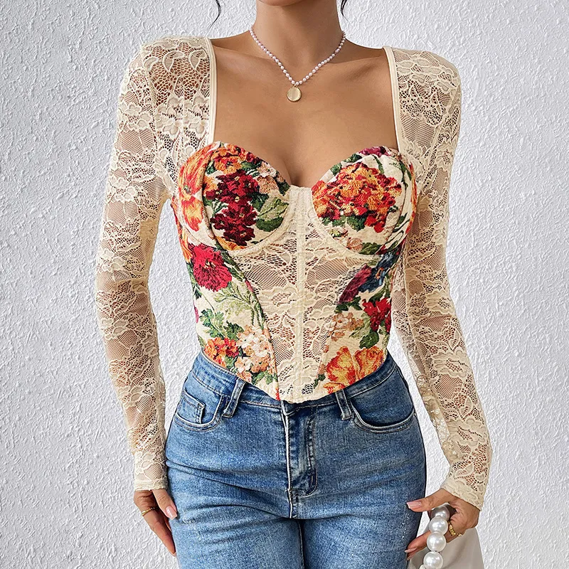Women Fashion Sexy Printed Lace Stitching Square Collar Long Sleeve Fishbone T-Shirt