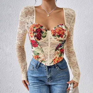 Women Fashion Sexy Printed Lace Stitching Square Collar Long Sleeve Fishbone T-Shirt