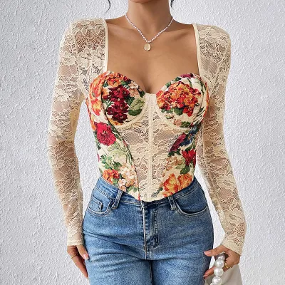 Women Fashion Sexy Printed Lace Stitching Square Collar Long Sleeve Fishbone T-Shirt