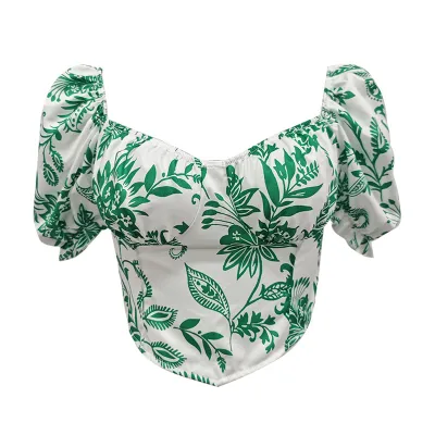 Women Fashion Sexy Printed Square Neck Puff Sleeve Crop Top