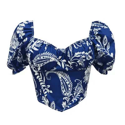 Women Fashion Sexy Printed Square Neck Puff Sleeve Crop Top
