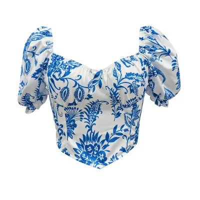 Women Fashion Sexy Printed Square Neck Puff Sleeve Crop Top
