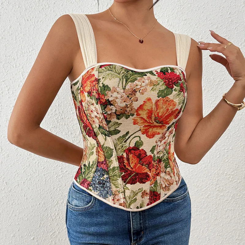 Women Fashion Retro Printed Fishbone Corset Tank Top
