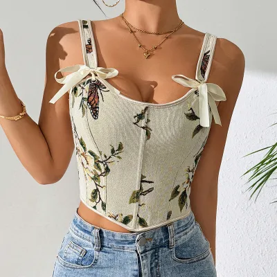 Woemn Fashion Sexy Printed Lace-Up Body Shaper Corset Slim-Fit Tank Top