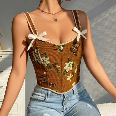 Woemn Fashion Sexy Printed Lace-Up Body Shaper Corset Slim-Fit Tank Top