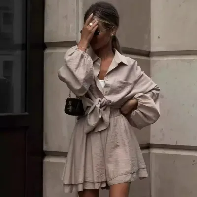 Women Fashion Summer Solid Color Long Sleeve Blouse Ruffled Shorts Two-Piece Set
