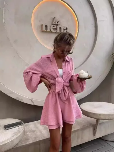 Women Fashion Summer Solid Color Long Sleeve Blouse Ruffled Shorts Two-Piece Set