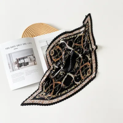 Women Fashion Printed Pleated 70cm Small Square Satin Scarf