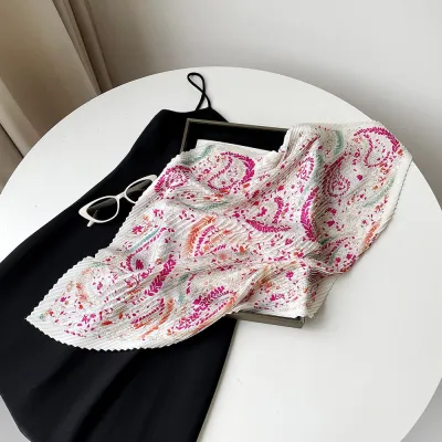 Women Fashion Printed Pleated 70cm Small Square Satin Scarf
