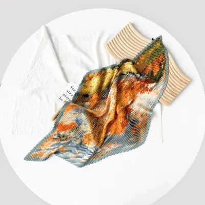 Women Fashion Printed Pleated 70cm Small Square Satin Scarf