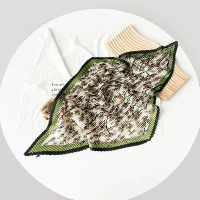 Women Fashion Printed Pleated 70cm Small Square Satin Scarf