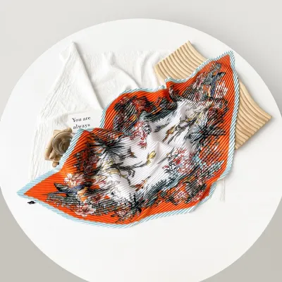 Women Fashion Printed Pleated 70cm Small Square Satin Scarf