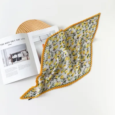 Women Fashion Printed Pleated 70cm Small Square Satin Scarf