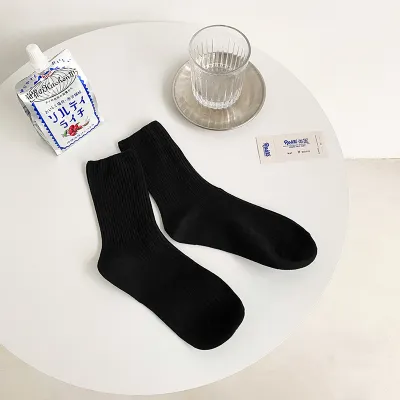 Women Spring Autumn Solid Color Double Needle Vertical Strip Stacked Mid-Calf Cotton Socks