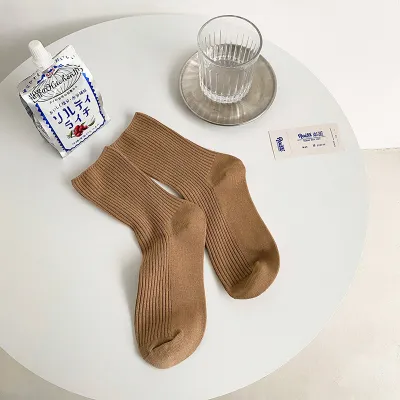 Women Spring Autumn Solid Color Double Needle Vertical Strip Stacked Mid-Calf Cotton Socks