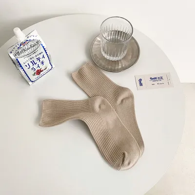 Women Spring Autumn Solid Color Double Needle Vertical Strip Stacked Mid-Calf Cotton Socks
