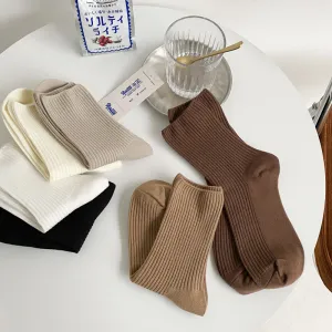 Women Spring Autumn Solid Color Double Needle Vertical Strip Stacked Mid-Calf Cotton Socks