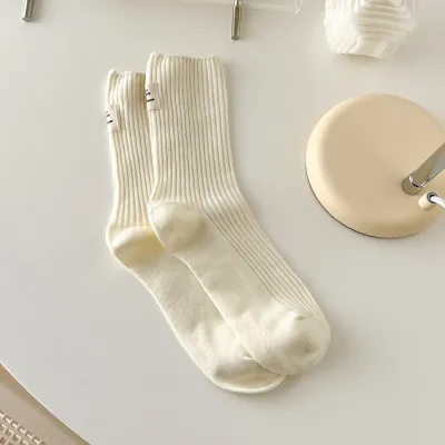 Women Spring Autumn Cotton Double Needle Stacked Mid-Calf Socks