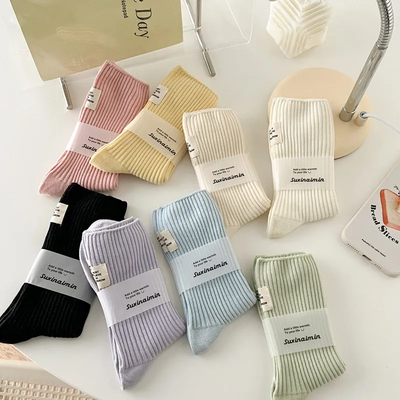 Women Spring Autumn Cotton Double Needle Stacked Mid-Calf Socks