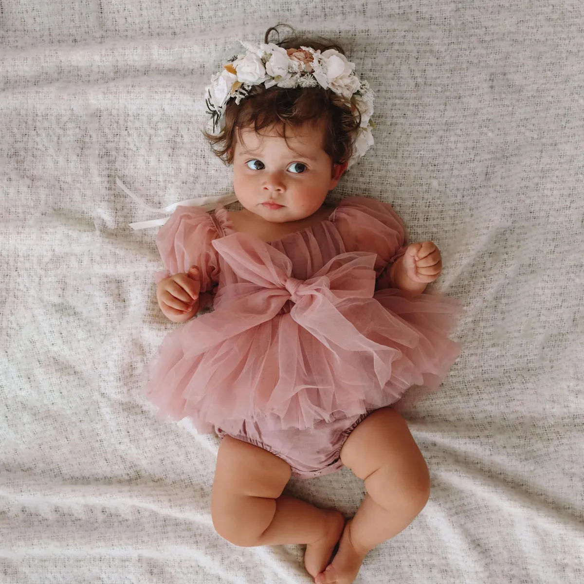 Kids Baby Girls Summer Mesh Puff Sleeve Rompers Cotton Blend