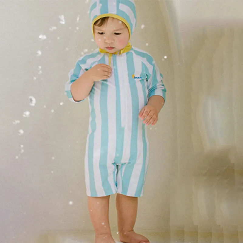 Kids Baby Boys Stripe Cartoon Quick-Dry Swimming Two-Piece Set Unisex