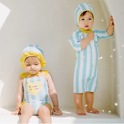Conjunto de dos piezas de natación a rayas para bebé niño, de secado rápido.
