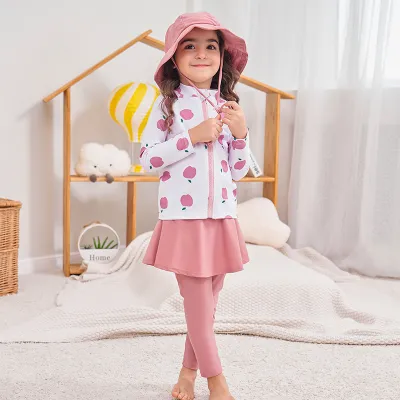 Kids Girl's Fashion Printed Long Sleeve Quick-Drying Zipper Swimsuit Set