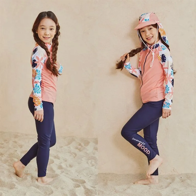 Kids Girl's Fashion Printed Long Sleeve Quick-Drying Swimsuit Hat Set